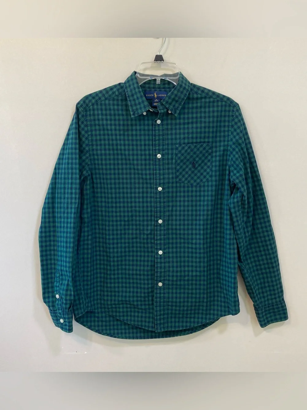 Ralph Lauren Blue Green Gingham Boys XL (18-20) Shirt Button Front Long Sleeve
